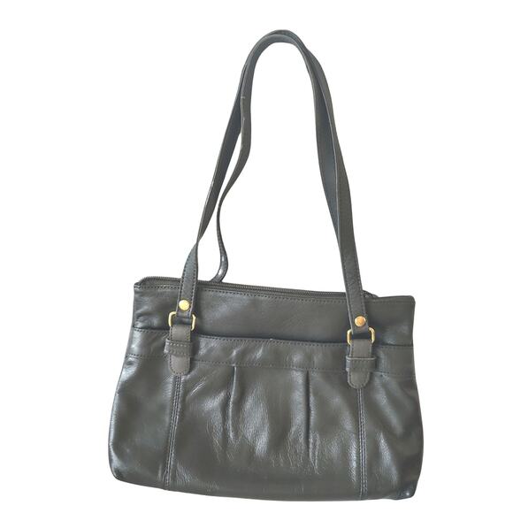 Leather Vintage Gray Pleated Shoulder Bag Two Handles Zip Top Purse Handbag - Picture 1 of 8